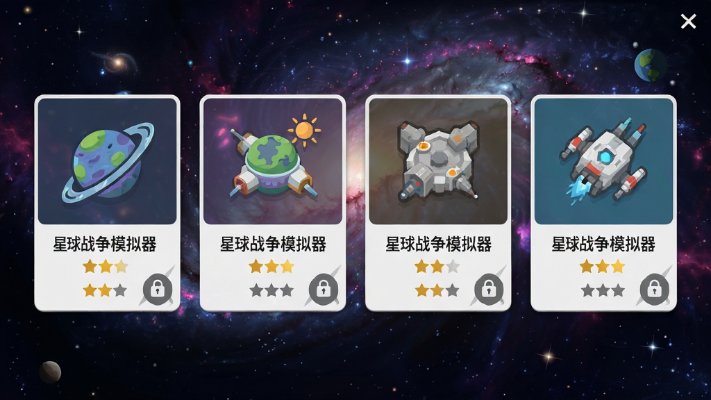 游戏模式选择界面,四个模式卡片横向排列,卡片上分别有“星球战争模拟器”字样和不同图标,背景为宇宙星云,风格为扁平化游戏UI,细节包含模式名称、星级评价、锁头图标,画质清晰干净排版整齐