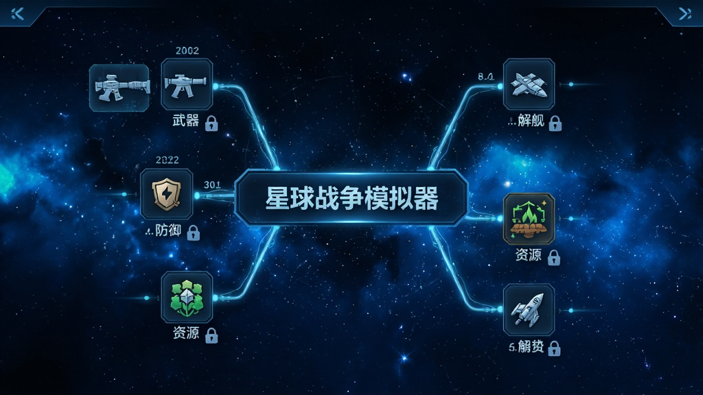科技研发树状界面,中央有“星球战争模拟器”标题,分支节点包含武器、防御、资源、舰船图标,节点之间有发光连线,背景为深蓝色星空,风格为游戏UI科技感,细节包含等级数字、解锁锁头图标、科技名称文字,画质高清干净布局清晰