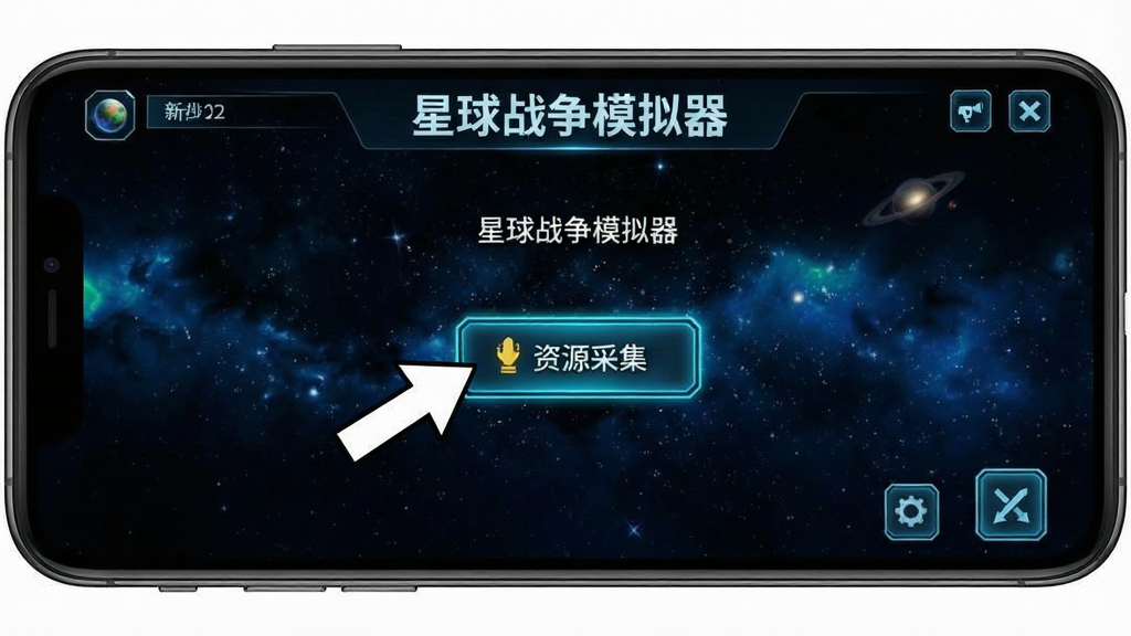 手机屏幕显示“星球战争模拟器”游戏界面,画面中有新手引导箭头指向资源采集按钮,背景为深色星空,风格为游戏教程截图,细节包含中文提示文字、高亮按钮、简洁UI,画质清晰干净无多余元素
