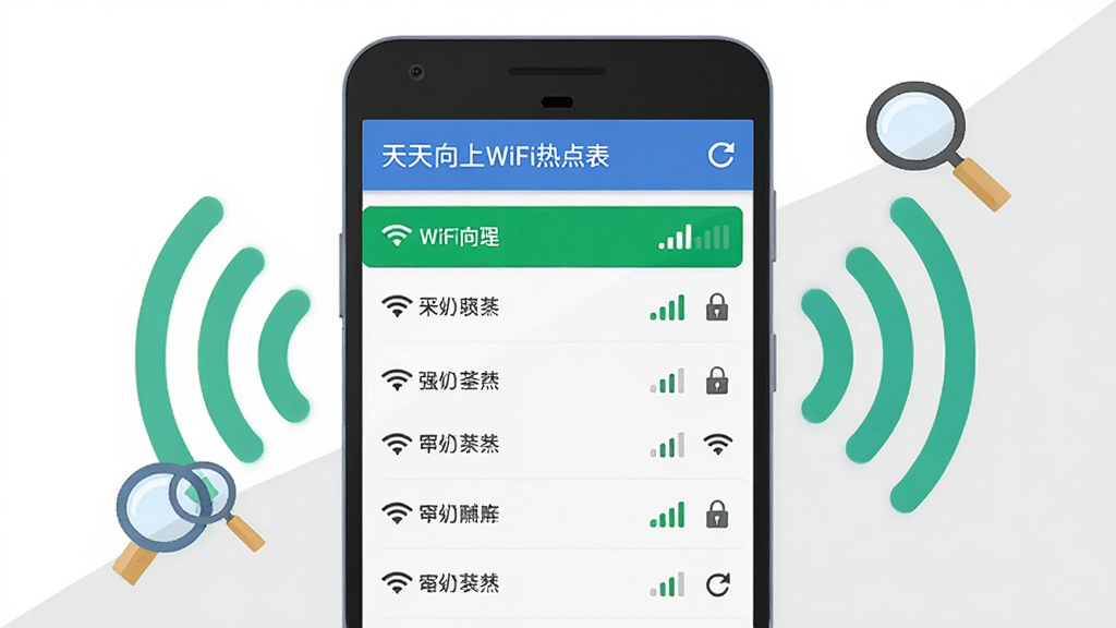 һ����׿�ֻ���Ļ��ʾ��������WiFi�ȵ��б����棬���WiFi���ư��ź�ǿ�����У��ź�ǿ������ǰ�沢������ɫ������ǣ��ֻ���ΧƯ�����źŲ��ƺͷŴ�ͼ�꣬����Ϊ��ɫ��ǳ��ɫ���䣬����Ϊ�ֻ����С��б������ɼ������Ϊ�ִ���ƽ��UI�廭��ϸ�ڰ����źŸ�������ͼ�ꡢˢ�°�ť�����ʸ��壬�ɾ����޶���Ԫ��