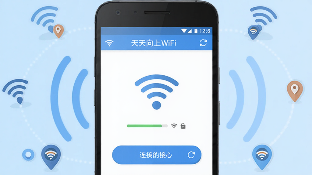 �����������һ����׿�ֻ����ֻ���Ļ��ʾ��������WiFi���������棬��������WiFi�ź�ͼ������Ӱ�ť������Ϊǳ��ɫ���䣬��Χ���ƶ��WiFi�źŲ��ƺ͵ص���ͼ�꣬���ּ���������Ű���жԳƣ����Ϊ��ƽ���Ƽ��廭��ϸ�ڰ����ź�ǿ����������ͼ�ꡢˢ�¼�ͷ�����ʸ��壬�ɾ����޶���Ԫ��