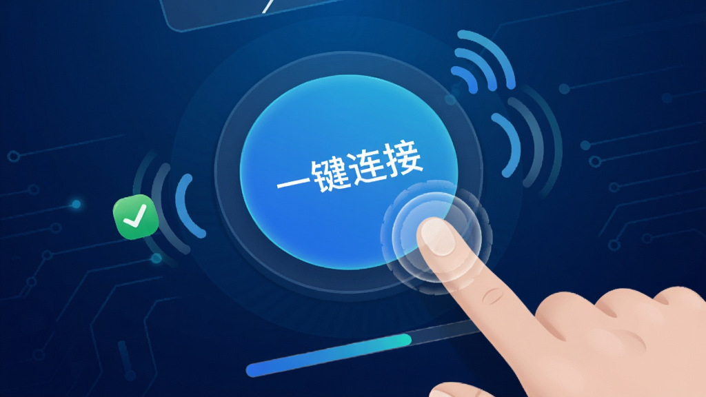 ��������WiFi����������д������������һ����Ŀ��Բ��һ�����Ӱ�ť����ť��Χ����ָ����Ķ���Ч��������Ϊ����ɫ�Ƽ��н��䣬��ť�·���ʾ���ӽ����������ּ��۽������Ϊ�ִ��Ƽ��廭��ϸ�ڰ�����ָ����ͼ�ꡢ���ӳɹ��Թ����źŲ��ƣ����ʸ��壬�ɾ����޶���Ԫ��