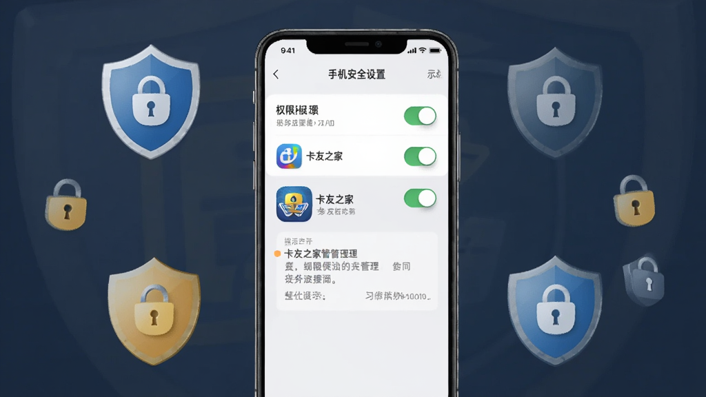 一张展示手机安全设置界面的示意图,主体为手机屏幕显示权限管理页面,布局为手机居中、周围环绕盾牌与锁形图标,排版为竖向构图,风格安全稳重,细节包括权限开关按钮、卡友之家应用图标、提示文字框,画质清晰,干净,无多余元素
