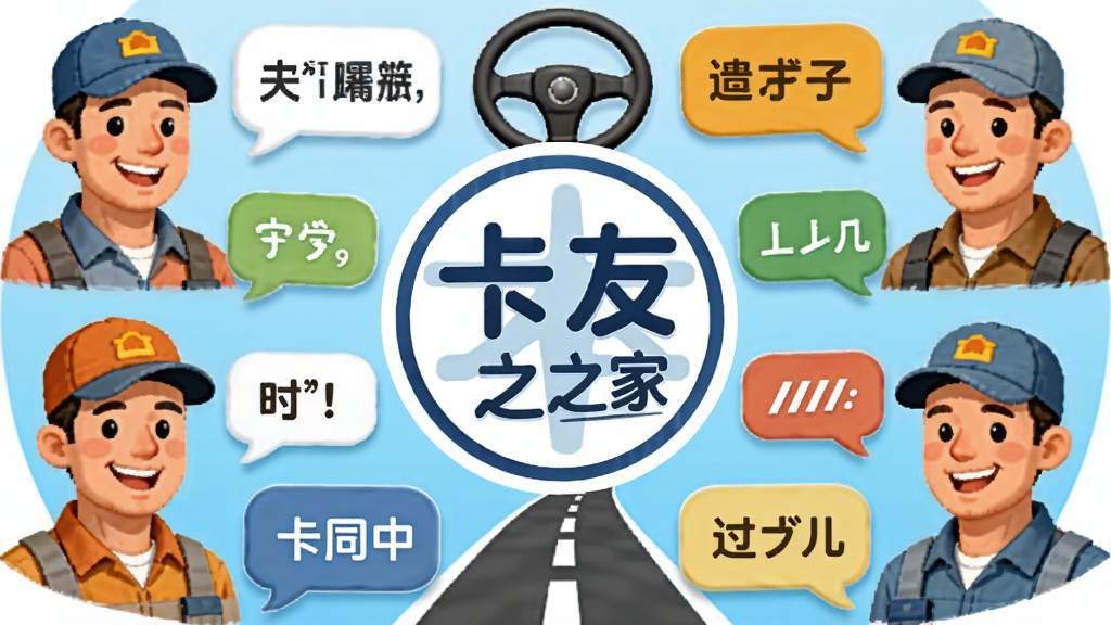 一张体现卡友之家社区交流氛围的图片,主体为多位卡车司机头像与对话气泡组合,布局为环形围绕中心卡友之家图标,排版为对称式构图,风格亲切活泼,细节包括对话气泡中的文字符号、方向盘与公路元素点缀,画质明快,干净,无多余元素