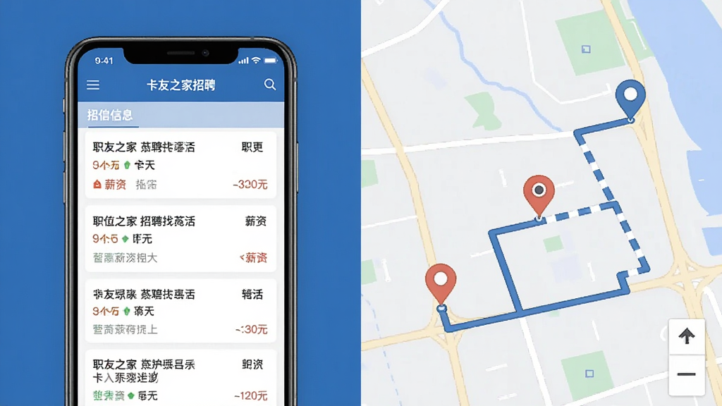 一幅展示卡友之家招聘找活功能的场景图,主体为手机屏幕显示招聘信息列表与地图定位标记,布局为左手机右地图,排版为横向分栏,风格商务实用,细节包括屏幕上可见的职位名称与薪资范围、地图上的路线连接线,画质清晰,干净,无多余元素