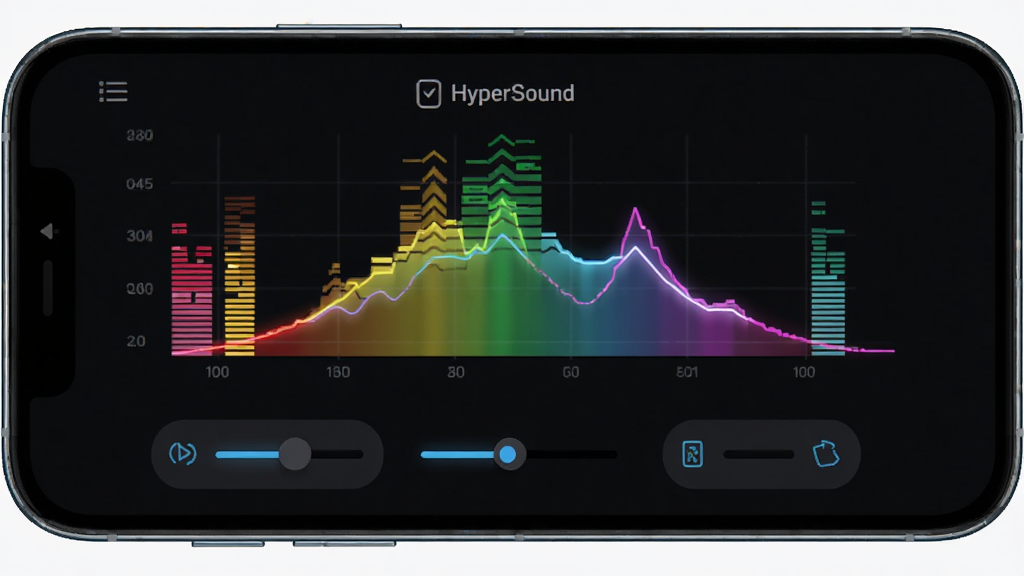 HyperSound����������չʾ������Ϊ�ֻ���Ļ��������ʾ��ɫ��Ƶ���������ߣ����ֲ��þ��жԳ��Ű棬���Ϊ�ִ��Ƽ���UI��ƣ�ϸ�ڰ���Ƶ����״ͼ��������ڰ�ť����ɫ�������޺��Ч�����ʸ��壬�ɾ����޶���Ԫ��