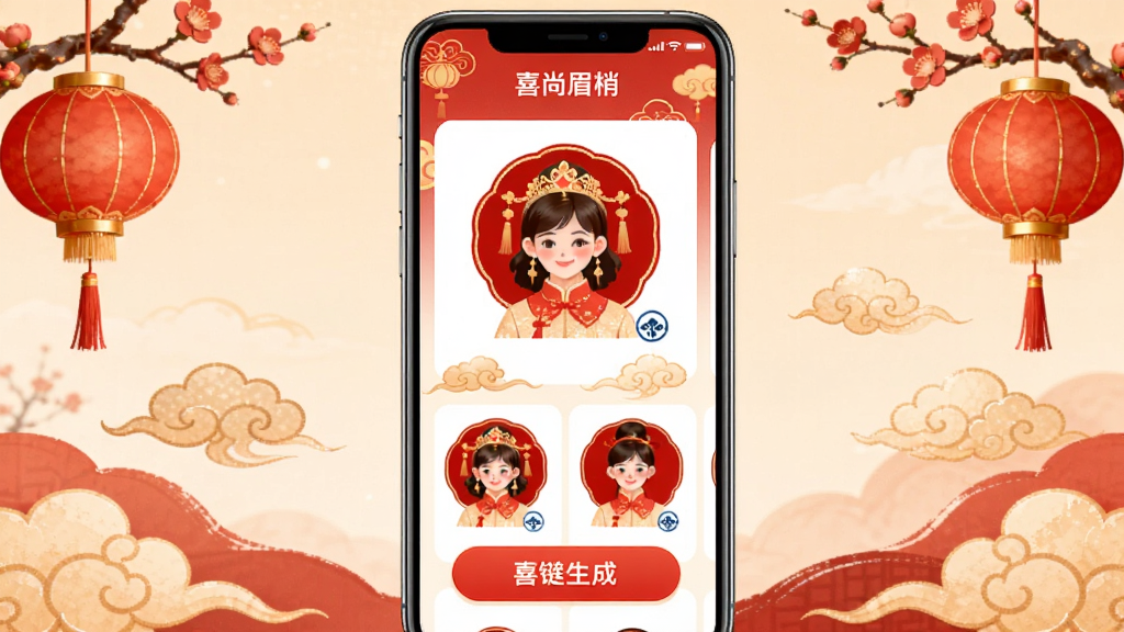 �ֻ���Ļ����չʾϲ��ü��Ӧ�ý��棬�����������Ŷ���ɫϲ�����ͷ��ģ�壬��Χ�����ŵ�����÷�������Ƶ��й���װ��Ԫ�أ����岼��Ϊ���жԳ�ʽ�����ϲ����ů��ϸ����ͻ��ͷ��Ԥ������һ�����ɰ�ť�����������ɾ����޶���Ԫ��