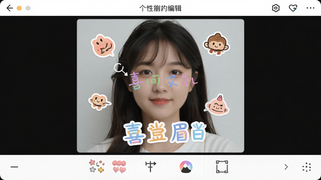 ϲ��ü�Ҹ��Ի��༭���߽��棬��Ļ����ʾһ��ͷ�����ڱ�������ֽ�����֣��ײ���������������ֽ�����֡��˾����߿��ͼ�꣬����Ϊ���½ṹ��������¼�࣬ϸ����ͻ���༭���ߵĶ����Ժ�ʵʱԤ��Ч�������������ɾ����޶���Ԫ��