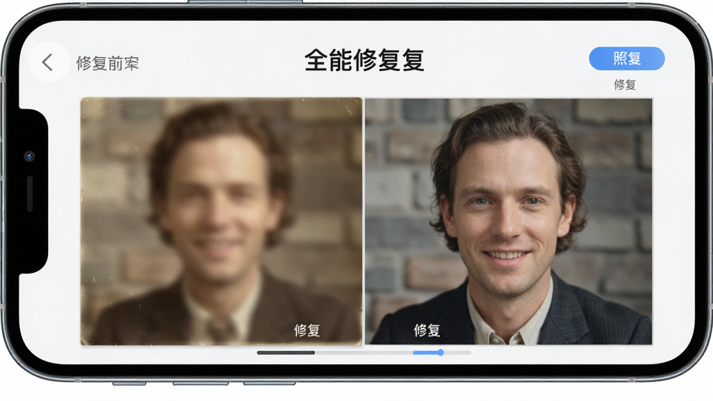 一张手机屏幕展示照片修复前后对比的界面,主体为手机照片全能修复软件操作界面,布局为左侧模糊老照片右侧清晰修复后照片,排版上下结构上方标题下方对比图,风格简约科技感,细节包含修复按钮、进度条、照片细节纹理,画质高清干净无多余元素