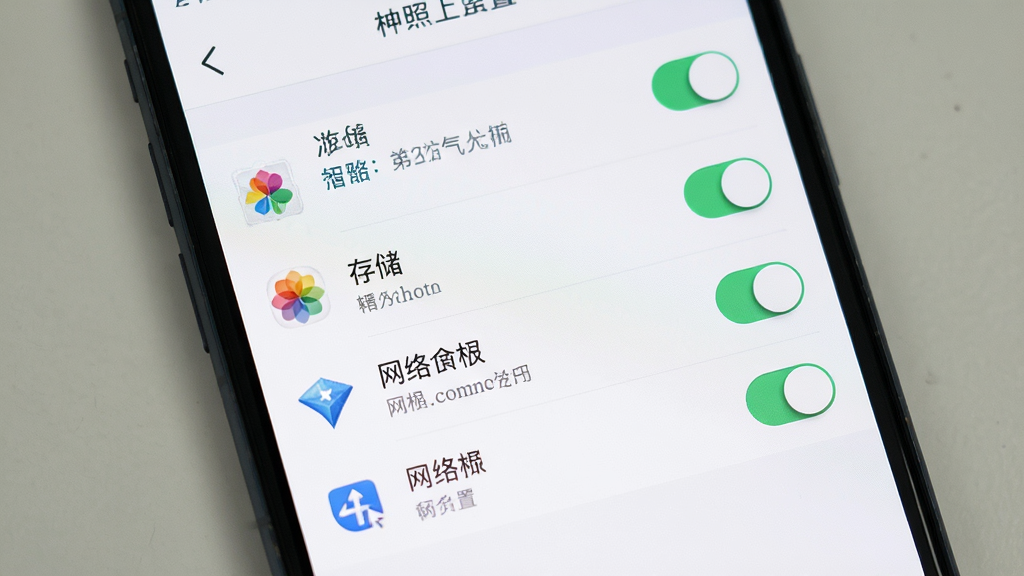手机照片全能修复软件在手机上的权限设置界面,主体为手机屏幕显示权限管理页面,布局为列表形式,排版清晰,风格简洁,细节包含相册、存储、网络权限开关,画质高清干净无多余元素