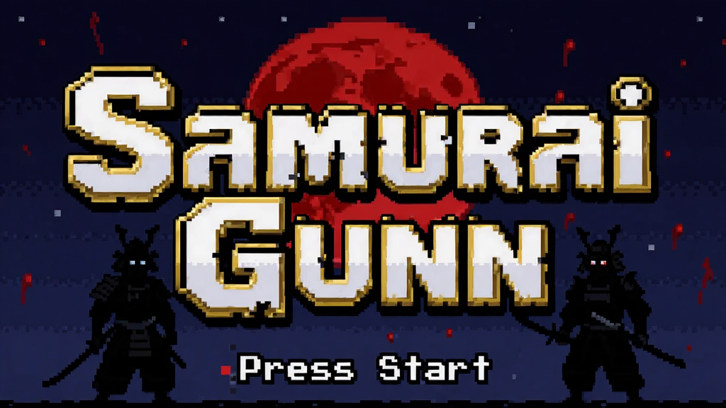 一张像素风格的游戏标题画面,画面正中央是巨大的“Samurai Gunn”像素字体,字体边缘有金色描边,背景是一轮血红色的圆月与黑色武士剪影,画面下方有“Press Start”的闪烁提示,整体风格复古神秘,画质干净无多余元素