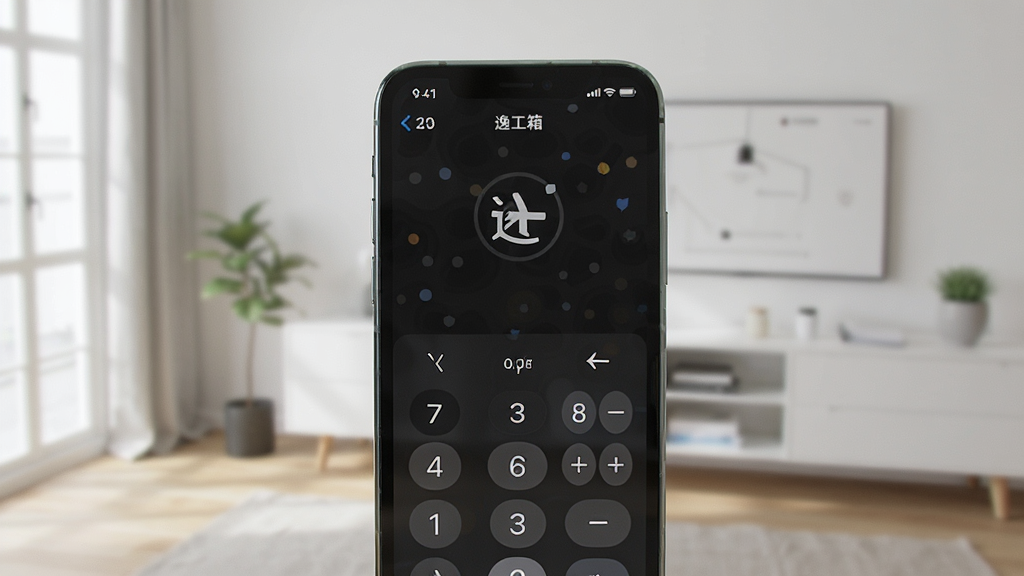 一张展示手机在无网络环境下使用“逸工具箱”的图片,画面中手机屏幕显示飞行模式图标,同时“逸工具箱”界面正常打开,计算器功能正在使用中,背景为简约的室内场景,风格写实,细节清晰,画质干净,无多余元素,4K高清