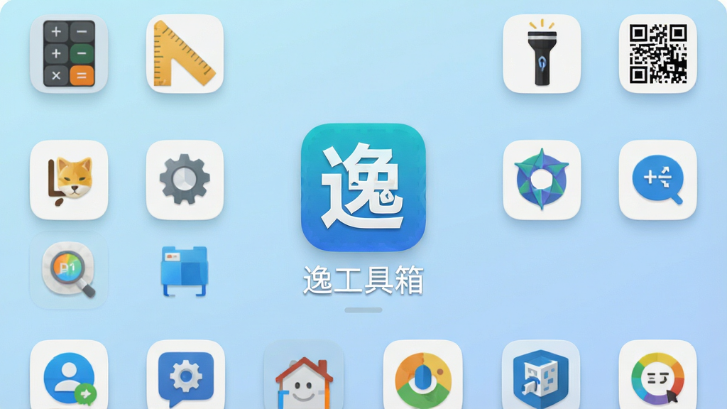一张展示安卓手机主界面的图片,画面中央是“逸工具箱”应用图标,图标下方写着“逸工具箱”四个字,图标周围环绕着多个小工具图标,如计算器、尺子、手电筒、二维码等,整体布局整齐有序,背景为浅蓝色渐变,风格简洁现代,细节清晰,画质干净,无多余元素,4K高清