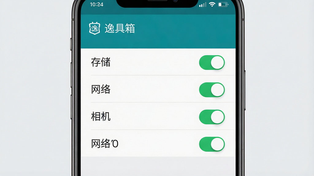 一张展示手机设置界面的图片,画面中用户正在为“逸工具箱”应用设置权限,界面显示存储、相机、网络等权限开关,手机屏幕上方显示“逸工具箱”名称,背景为浅灰色,风格简洁明了,细节清晰,画质干净,无多余元素,4K高清
