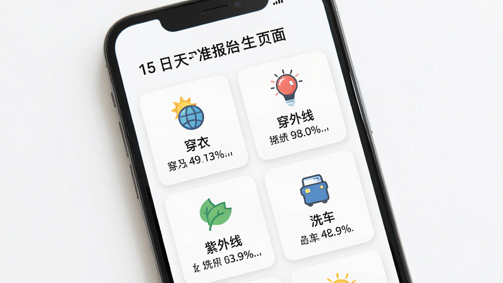 15日天气准时报生活指数页面生图,画面主体是手机屏幕显示穿衣、紫外线、洗车等图标和文字建议,布局为卡片式排列,排版有序,风格为扁平化插画风,细节包含彩色小图标和简短文字说明,背景为白色,画质高清,干净,无多余元素