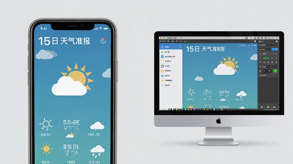 15日天气准时报在手机和电脑模拟器上的使用场景对比图,画面主体左侧是手机显示天气界面,右侧是电脑屏幕显示模拟器中的相同界面,布局为左右对比,排版清晰,风格为科技感扁平风,细节包括设备边框和界面内容,背景为浅灰色,画质高清,干净,无多余元素