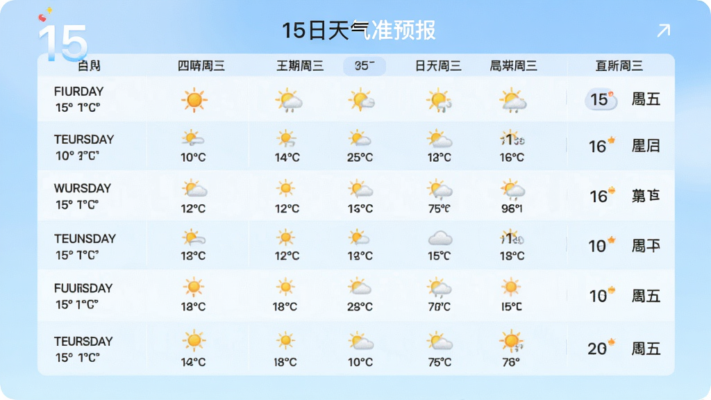 一幅AI生图,画面主体是15日天气准时报的十五天预报列表界面,布局为纵向列表,排版整齐,风格为清新浅色系,细节包含每日最高最低温、天气图标、日期和星期,背景为柔和渐变蓝色,画质高清,干净,无多余元素