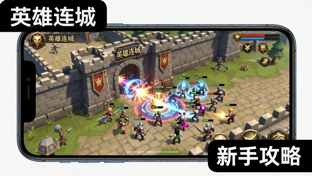 画面展示一部智能手机横屏运行英雄连城游戏,屏幕上显示沙巴克攻城战场景,大量玩家角色在城门口激战,技能特效华丽,手机周围有