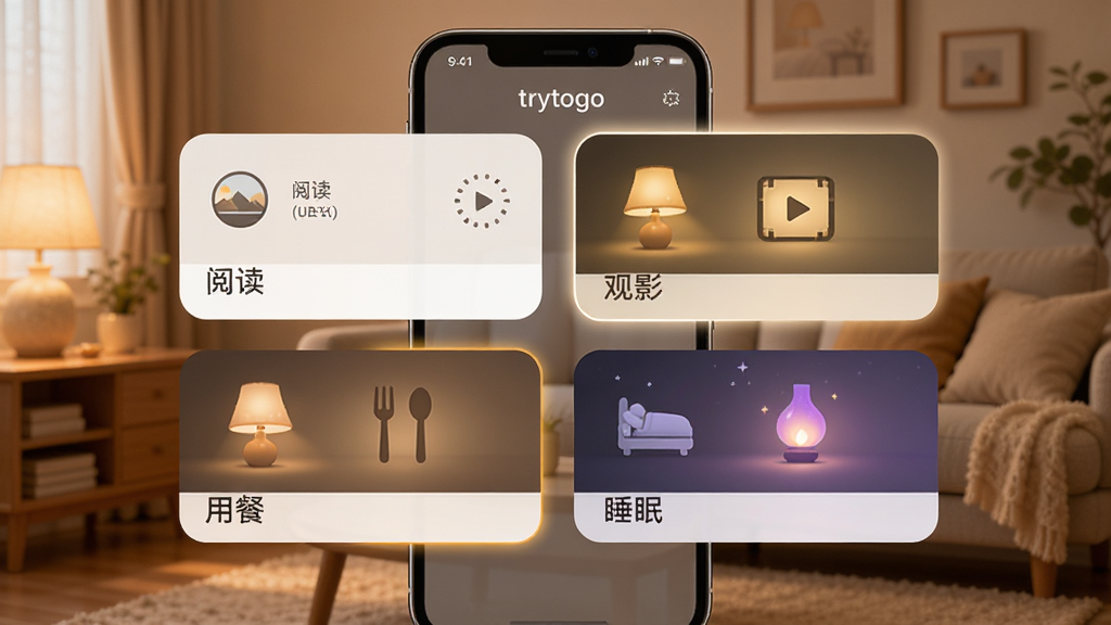 trytogo����ģʽ�л����棬�ֻ���Ļ����ʾ�Ķ�����Ӱ���ò͡�˯���ĸ�������Ƭ��ÿ����Ƭ���ж�Ӧ�ĵƹ�ɫ��ʾ��ͼ������Ϊ��ܰ�Ҿӻ���������Ϊ�ֻ��볡����Ƭ�����־��жԳƣ������ů���ʣ�ϸ�ڰ�������ͼ�ꡢɫ�齥�䡢ѡ�и���Ч�������ʸ��壬�ɾ����޶���Ԫ��