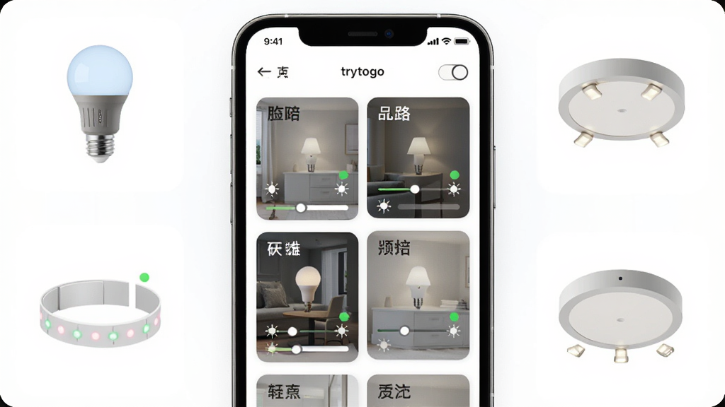 trytogo���豸�������ܽ��棬��������Ϊ�ֻ�Ӧ�ý���չʾ����ƾ߿�Ƭ�б���ÿ����Ƭ��ʾ��ͬ����������ƹ�״̬����Χ�������ܵ��ݡ��ƴ��������Ƶ��豸ͼ�꣬�����������Ű����������Լ�Ƽ���ϸ�ڰ������ذ�ť�����������豸���߱�ʶ�������������ɾ����޶���Ԫ��