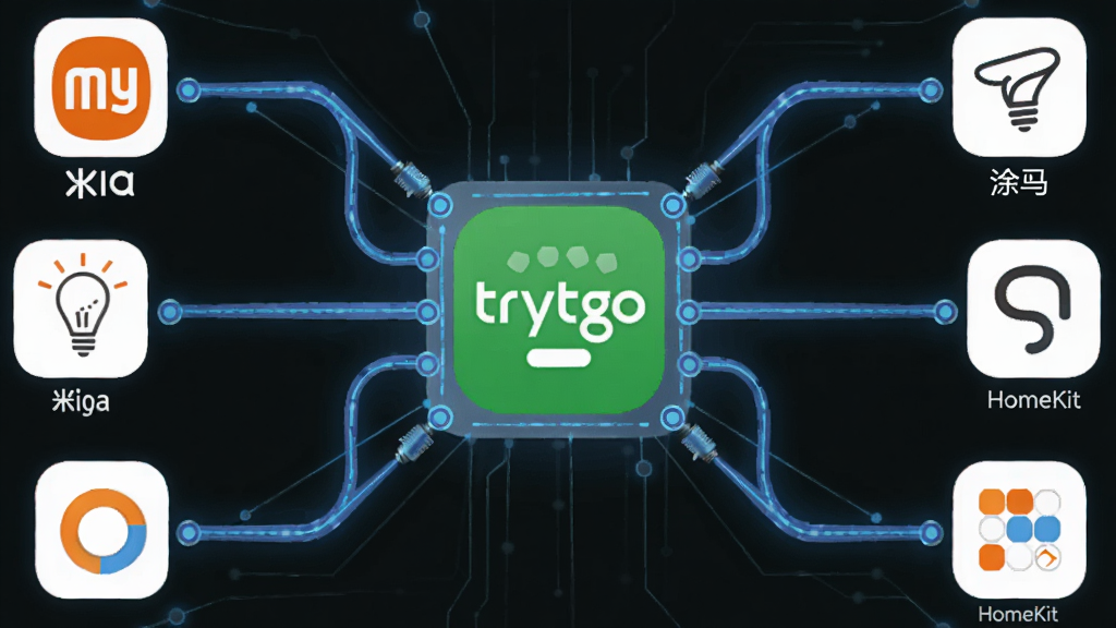 trytogo������̬����ʾ��ͼ����������ΪtrytogoӦ��ͼ�꣬���������׼ҡ�Ϳѻ��HomeKit��ƽ̨��־��ͨ�����������ܵƾ�ͼ�����������ֳʷ���״�����Ƽ�������ϸ�ڰ���Ʒ�Ʊ�ʶ�������ߡ��豸�ڵ㣬���ʸ��壬�ɾ����޶���Ԫ��
