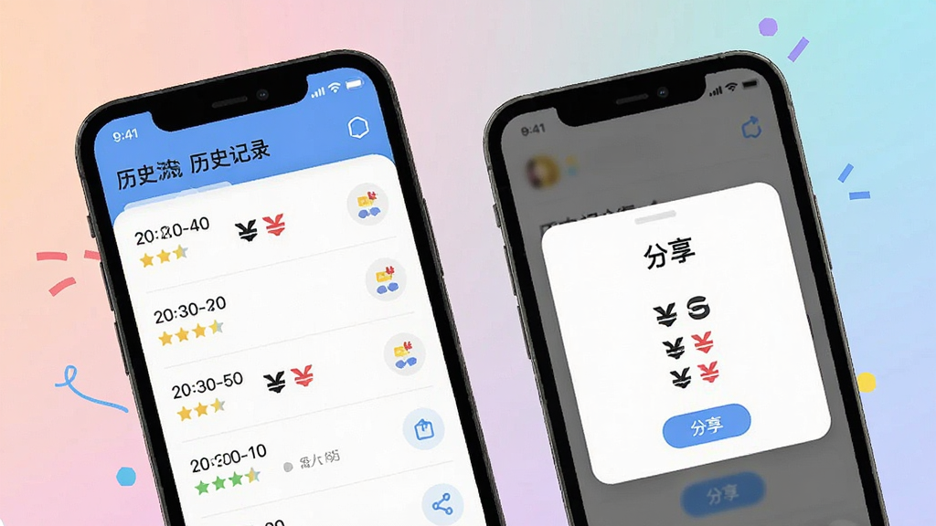 һ��չʾ�´�һ��Ӯ�����¼��������ܵĽ���ͼ��������һ���ֻ���ʾ��ʷ��¼�б�����һ���ֻ���ʾ������Ƭ������Ϊ�����ֻ�����Ļ���ݣ�����Ϊ���Ҵ������У��Ű���ã����Ϊ�ִ���ƽ����ƣ�ϸ�ڰ���ʱ�����ʤ����ǡ�����ͼ�꣬����Ϊ��ͽ��䣬���ʸ��壬�ɾ����޶���Ԫ��