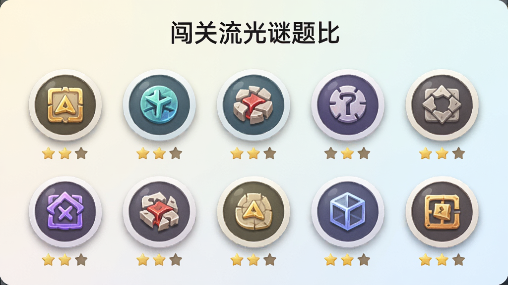 ����չʾ��������������ȡ��Ĺؿ�ѡ����棬��Ļ�������Ŷ��Բ�ιؿ�ͼ�꣬ÿ��ͼ�����в�ͬ��������ţ�ͼ���·����Ǽ����ۣ�����Ϊǳɫ���䣬����Ϊ����״���У����Ϊ���¼�Լ���ƶ���UI��ƣ�ϸ�ڰ���Բ��ͼ�����͵�ͶӰ�����ʸ��壬�ɾ����޶���Ԫ��