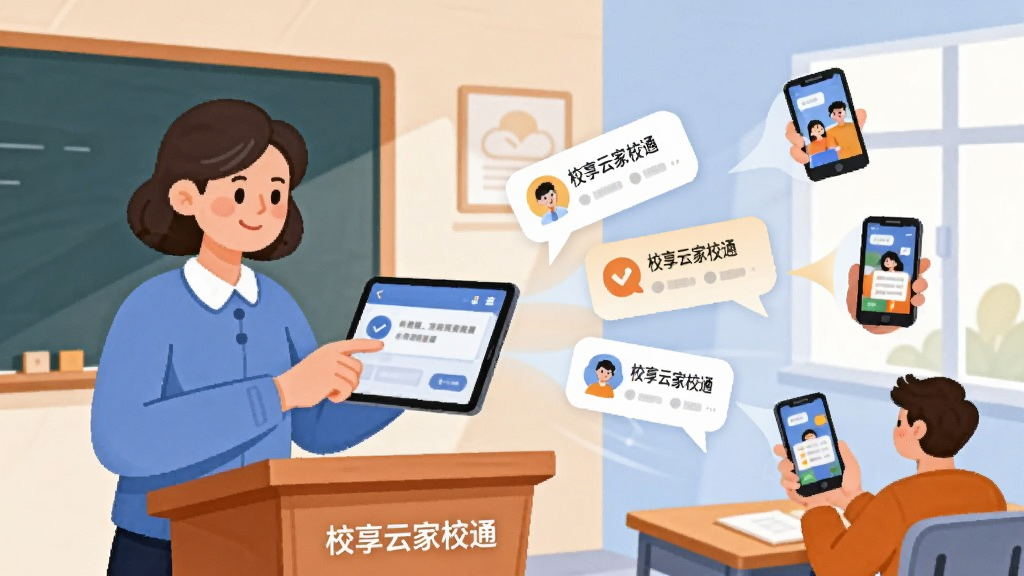 一位老师站在教室讲台前,手持平板电脑点击发送通知,画面右侧以气泡形式呈现多条通知卡片飞向不同家长的手机;背景为简洁的教室场景,风格为温暖扁平插画,主色调为蓝色与橙色搭配,布局左中右结构,细节清晰,画质干净,图片中文字标注