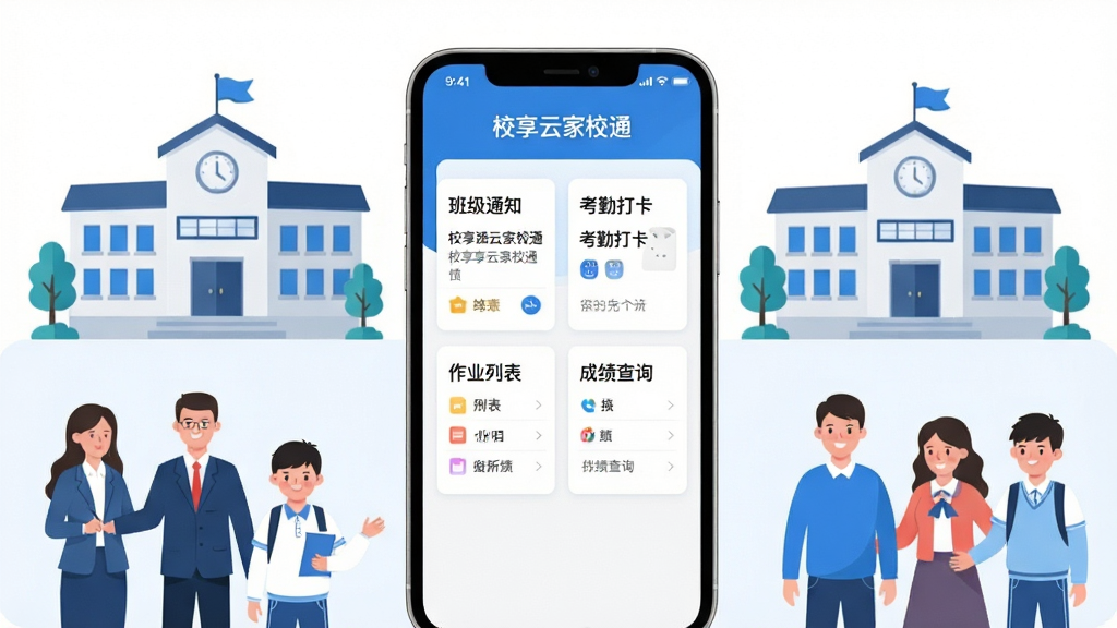画面中央展示一部智能手机,屏幕内呈现校享云家校通的首页界面,包含班级通知、考勤打卡、作业列表和成绩查询四个卡片模块;手机周围环绕学校教学楼、老师、家长与学生的扁平化插画元素;整体采用蓝白清新配色,布局居中对称,风格为现代扁平化UI插画,细节干净简洁,画质高清,背景纯净无多余元素,图片中文字标注