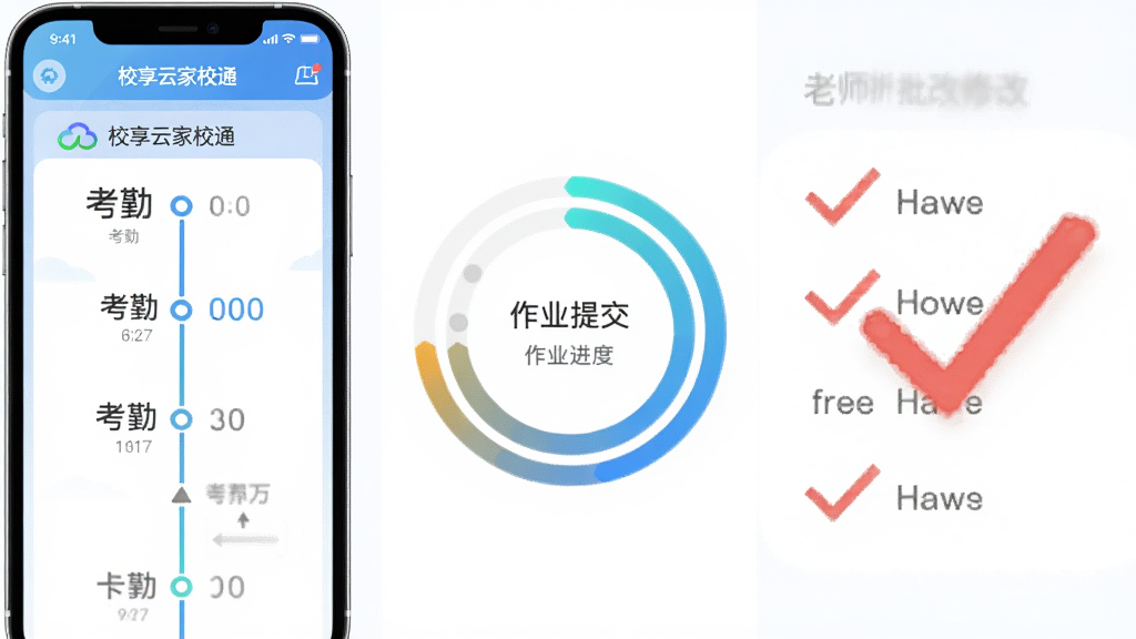 画面左侧展示手机屏幕中的考勤打卡时间轴,中间为作业提交进度环形图,右侧为老师批改的红勾标记;整体采用浅色背景,风格为数据可视化插画,布局三栏并列,细节精致,画质高清,图片中文字标注