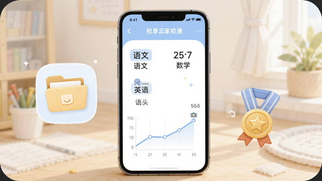 一部手机展示成绩单页面,包含语文数学英语三科分数和折线趋势图,旁边有成长档案文件夹图标和奖章元素;风格为柔和插画,主色为浅蓝与白色,布局居中,细节干净,画质清晰,图片中文字标注