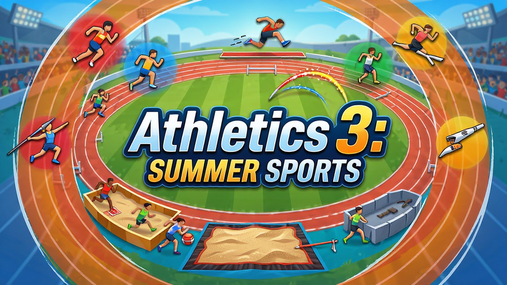 田径赛场全景,中央是 Athletics 3: Summer Sports 游戏标题字样,周围环绕短跑、跳远、标枪等运动图标,主体为运动项目集合,布局采用环绕式排版,风格明快运动风,细节包含跑道、沙坑、标枪轨迹,画质高清,干净,无多余元素