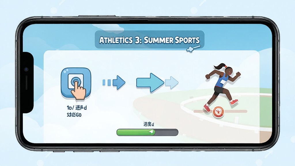 Athletics 3: Summer Sports 游戏新手教学界面,展示操作提示与箭头引导,主体为手机屏幕与教学文字,布局居中排版,风格清新教学风,细节包含点击图标、进度提示、运动员示范,画质高清,干净,无多余元素