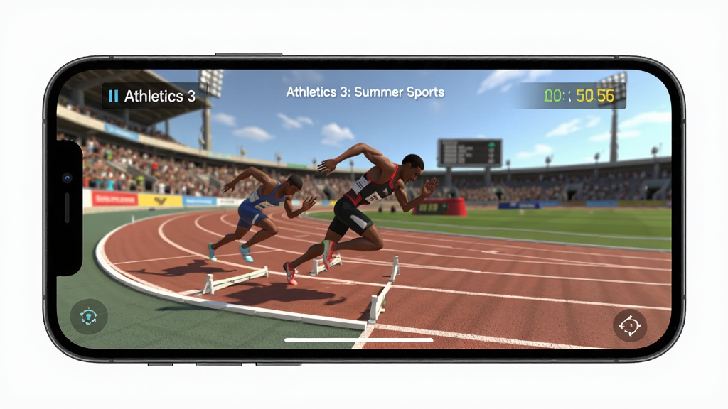 画面中央展示一部智能手机横屏运行 Athletics 3: Summer Sports 游戏,屏幕内是田径赛场跑道和正在冲刺的运动员,背景为体育场看台与蓝天,主体突出手机与游戏画面,布局简洁居中,排版干净,风格写实运动风,细节包含跑道线条、计时器、观众席虚化,画质高清,干净,无多余元素