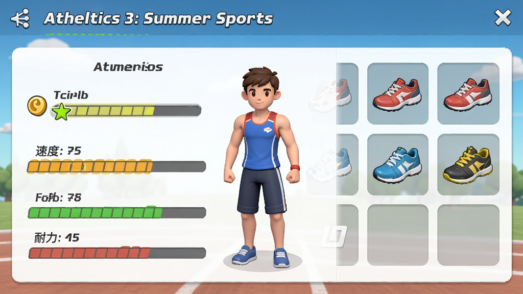 Athletics 3: Summer Sports 游戏角色养成界面,展示运动员属性面板与装备栏,主体为角色与装备图标,布局左右分栏排版,风格简洁游戏UI风,细节包含力量、速度、耐力数值条与运动鞋图标,画质高清,干净,无多余元素