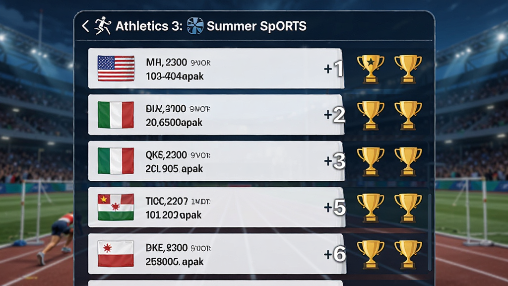 Athletics 3: Summer Sports 全球排行榜界面,显示多国玩家成绩列表与奖杯图标,主体为排行榜面板,布局纵向列表排版,风格竞技荣誉风,细节包含国旗、分数、排名数字,画质高清,干净,无多余元素