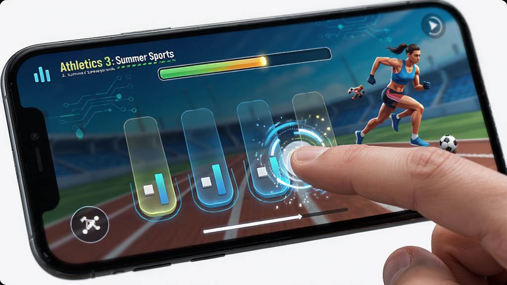 手机屏幕特写,显示 Athletics 3: Summer Sports 游戏操作界面,手指正在点击屏幕上的节奏按钮,主体为手指与屏幕交互,布局聚焦屏幕中央,风格科技运动风,细节包含点击特效、进度条、运动员动画,画质高清,干净,无多余元素