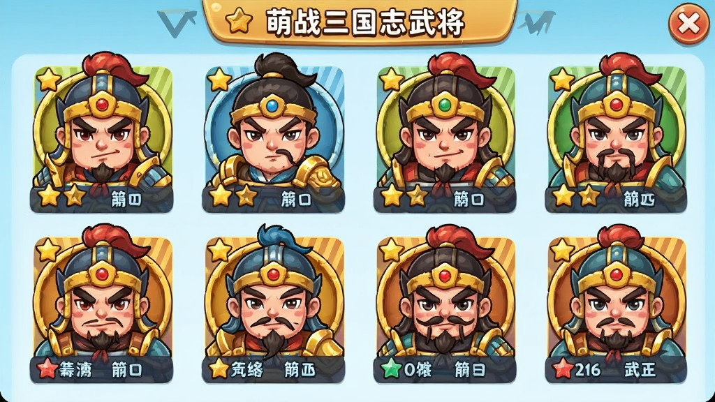 ��ս����־�佫�ռ����棬��λQ�������佫ͷ������չʾ��ÿλ�佫�����Ǽ������Ա�ǩ�����沼����������ͨ���������ɫ�����廭�ʣ��ɾ��޶���Ԫ��