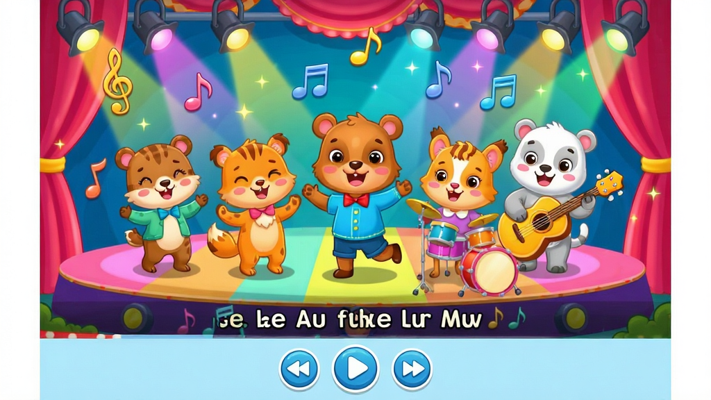 ����Ӣ�����ɶ��趯�����Ž��棬����Ϊ��ͨ���Ķ���������������һȺ�ɰ���С�����ڲ�ɫ��̨�ϳ������裬��Ļ�·���ʾӢ����Ļ�Ͳ��ſ��ư�ť������Ϊȫ����Ƶ��������ʽ���Ű������ˣ����Ϊ����Ķ�ͯ�������ϸ�ڰ�������Ʈ������ɫ�ƹ�Ϳ�ͨ���������ʸ��壬�ɾ����޶���Ԫ�ء�