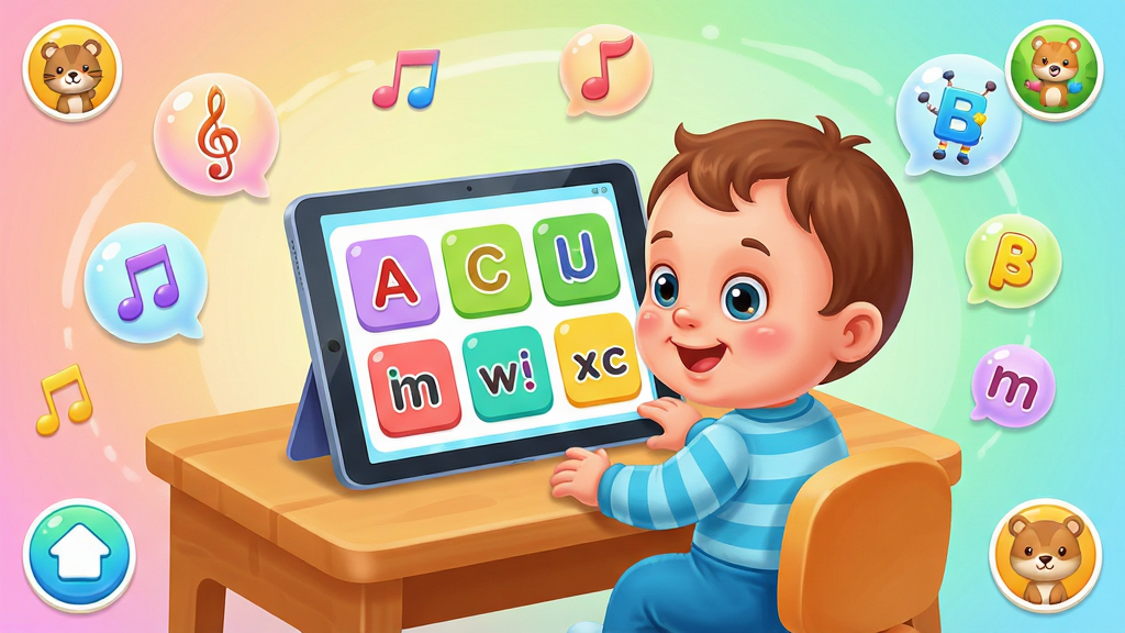 ����Ӣ����������������չʾ�����������ǿ�ͨ���Ķ�ͯӢ��ѧϰ����������Ϊһ���ɰ��Ŀ�ͨ������������ǰ����ƽ����ԣ���Ļ����ʾӢ����ĸ�Ͳ�ɫ���ʿ�Ƭ�����ֲ������Ĺ�ͼ�����ܻ����Ŷ���������������ɫ����ĸ���ݵ�Ԫ�أ��Ű��������򣬷��Ϊ�������õĶ�ͯ�廭�磬ϸ�ڰ�����͵�ɫ�ʽ��䡢Բ���UI��ť�Ϳɰ��Ķ���ͼ�꣬���ʸ��壬�ɾ����޶���Ԫ�ء�