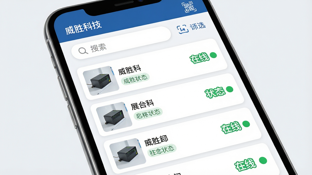 һ��չʾ��ʤ�Ƽ��豸�����������ܵ�AI��ͼ����������Ϊ�ֻ���Ļ��ʾ�豸�б���ÿ̨�豸��������ͼ�����ƺ�״̬��ǩ������Ϊ�б�ʽ�Ű棬�������������ɸѡ��ť�����Ϊ��ˬ��Ƭʽ��ƣ�ϸ�ڰ���