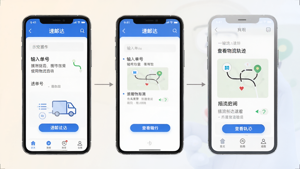 ���ʴ��ƶ���ʹ�ò���ʾ��ͼ��������һ���ֻ�չʾ���ʴ�APP�����뵥�ŵ��鿴�����켣�������������̣�����������������Ϊ��͵�ǳɫ�����ʵ��ֱ�ۣ��Ű����򣬻��ʸɾ����޶���Ԫ��