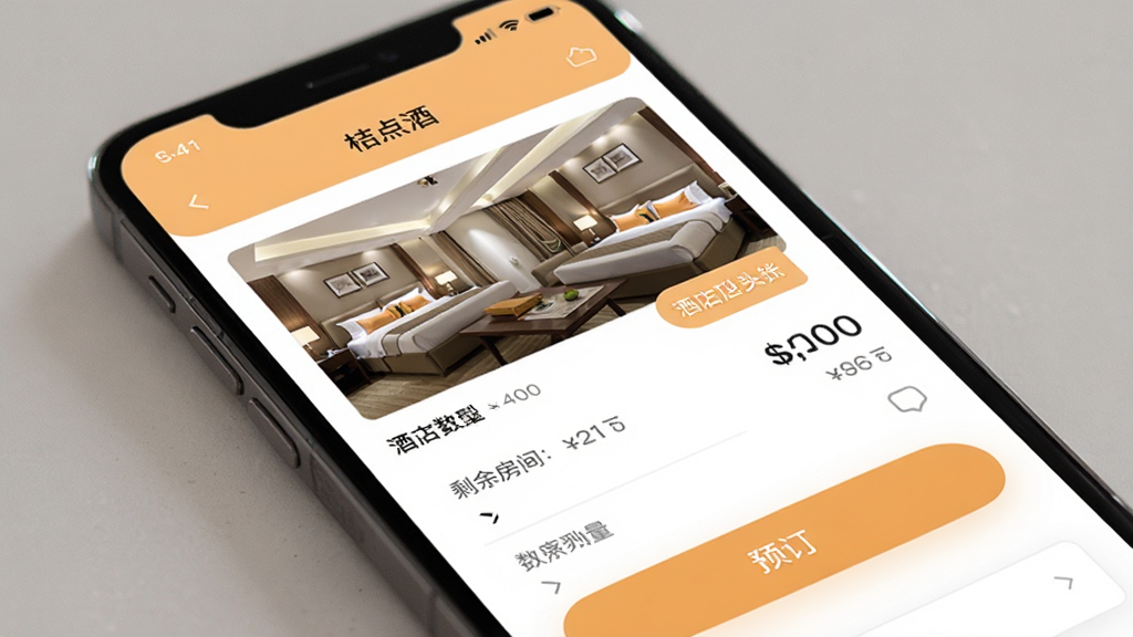 ���ӵ��Ӧ���ھƵ귿̬��ѯ���ܽ��棬�ֻ���Ļչʾ�Ƶ�����ҳ����������ͼƬ���۸��ǩ��ʣ�෿��������Ԥ����ť��ҳ����ɫ�԰�ɫ��ǳ��ɫΪ������������������Լ�ִ�������ϸ�壬�ɾ�������Ԫ��