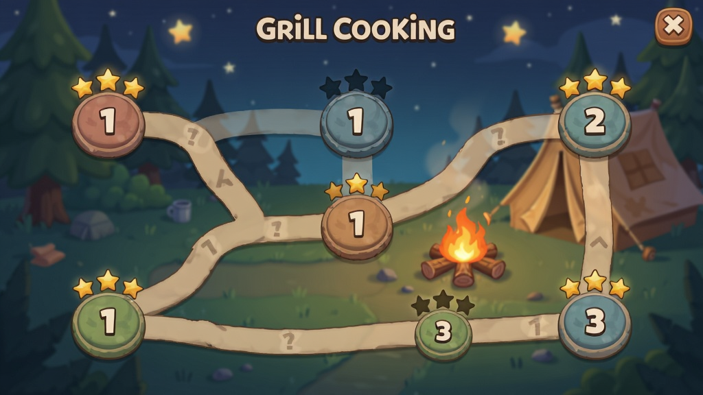 һ��չʾGrill Cooking�ؿ�ѡ�����Ĳ廭���������ж���·�������Ų�ͬ��ŵĹؿ��ڵ㣬�ڵ�����ʾ�Ǽ����ۣ�������ҹ����¶Ӫ�أ���������ǵ�׺�����Ϊ��ͨ������Ϸ��ͼ���棬ɫ����ͣ����ʾ�ϸ��������Ԫ��