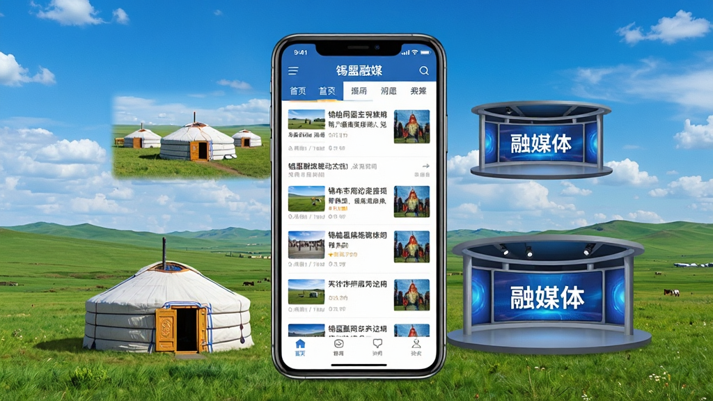一幅展现锡盟融媒移动客户端整体界面的宣传图,画面中央放置一部智能手机,屏幕显示锡盟融媒App首页,包含新闻资讯列表和顶部导航栏,手机周围环绕着草原、蒙古包、融媒体演播室等元素符号,背景为蓝天白云下的锡林郭勒草原风光,布局采用居中构图,风格为现代科技与地域文化融合,细节上手机屏幕内容清晰可见,整体色调以蓝色和绿色为主,画质高清,干净,无多余元素