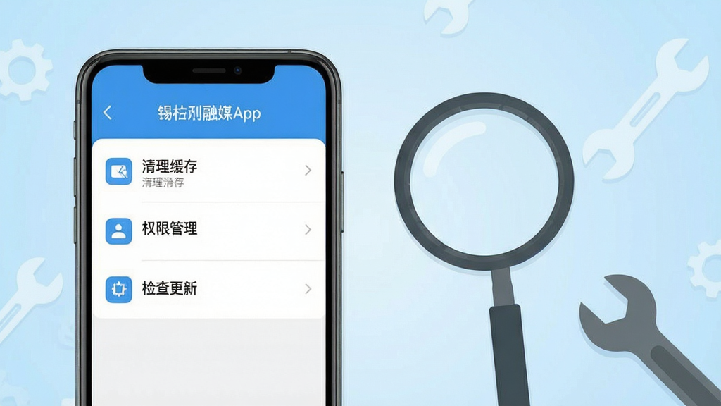 一幅展示锡盟融媒App设置页面的画面,画面主体为手机屏幕显示设置菜单,包含清理缓存、权限管理、检查更新等选项,手机旁边放置一个放大镜和一把小扳手,背景为浅蓝色渐变,布局采用左侧手机右侧工具的平衡构图,风格为扁平化实用工具展示风,细节上设置菜单文字清晰、图标简洁,整体画质高清,干净,无多余元素