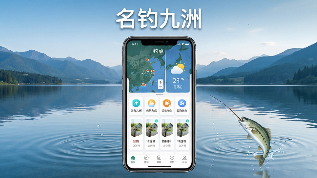 名钓九洲软件主界面展示图,画面中央放置一部智能手机,屏幕上显示名钓九洲应用首页,包含钓点地图、天气图标和饵料推荐卡片,背景为宁静的湖面与远山,整体布局上下分层,上方为软件标题“名钓九洲”,中部为功能模块图标,下方为导航栏,风格写实清新,细节包含水波纹、鱼跃元素,画质高清,干净无多余元素