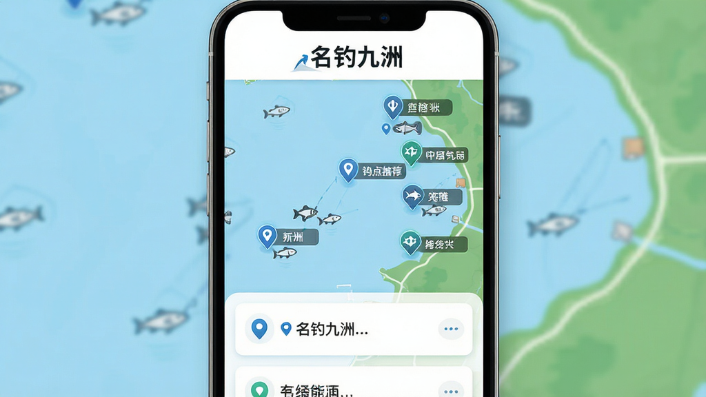 名钓九洲智能钓点推荐功能展示图,画面主体为手机屏幕,屏幕内显示地图界面,地图上标注多个钓点图标,每个图标旁有名称标签,背景为浅蓝色水域与绿色岸线,排版采用上下结构,上方显示“名钓九洲”文字标识,下方为钓点列表卡片,风格简洁科技感,细节包含定位符号、鱼形图标,画质清晰,干净无多余元素