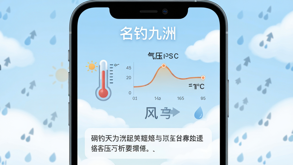 名钓九洲天气与气压分析界面图,画面展示手机屏幕内天气面板,包含温度计图标、气压曲线图、风力箭头,背景为淡蓝色天空与云朵,布局为上下排列,上方有“名钓九洲”字样,下方为建议文字框,风格柔和清新,细节包含太阳、雨滴小图标,画质高清,干净无多余元素