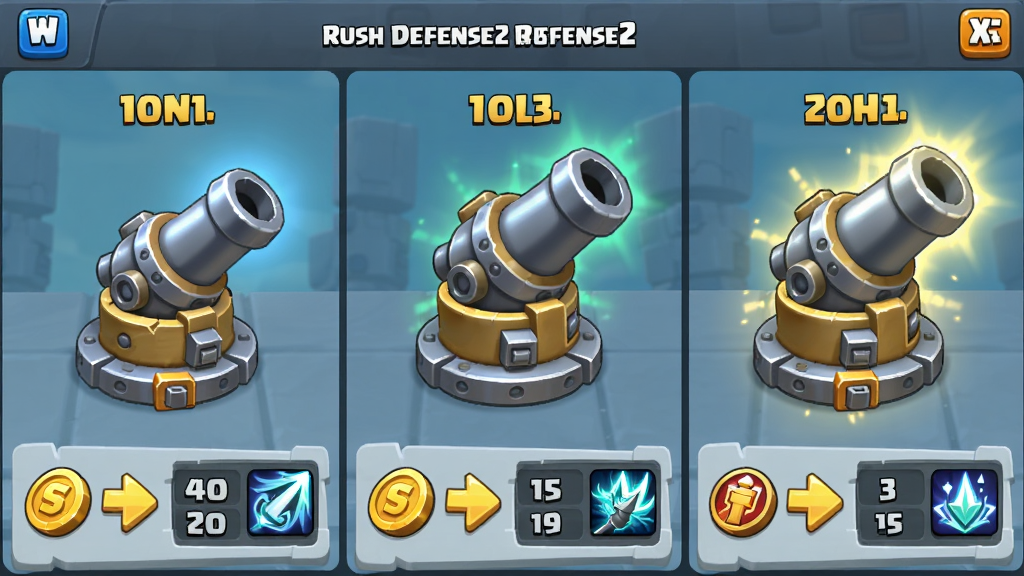 չʾRush Defense2��Ϸ�ڵķ������������棬����Ϊһ��������һ������������̬�仯���Ա������Ž�ҡ�������ͷ��������ֵ��塣����Ϊ��������Ա�չʾ���Ű��ࡣ���Ϊ��ͨ����UI�磬ϸ�ڰ������������ʸС��ȼ���ʶ������ͼ�귢��Ч�������ʸ��壬����ɾ����޶���Ԫ�ء�